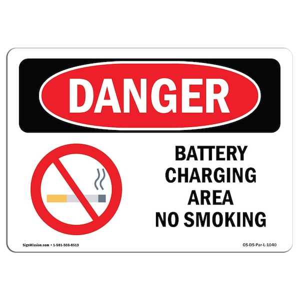 OSHA Sign, Battery Charging Area No Smoking, 24in X 18in Rigid Plastic, 18" W, 24" L, Landscape